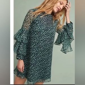 🏵️ Anthropologie Ranna Gill Ruffled Green and Black Mini Shift Dress NWT 🏵️